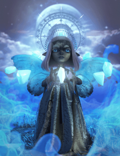 Majestic fantasy fairy with glowing blue wings, standing in a mystical landscape with floating crystals and a celestial clock halo behind, showcasing high-quality 3D Daz3D assets.