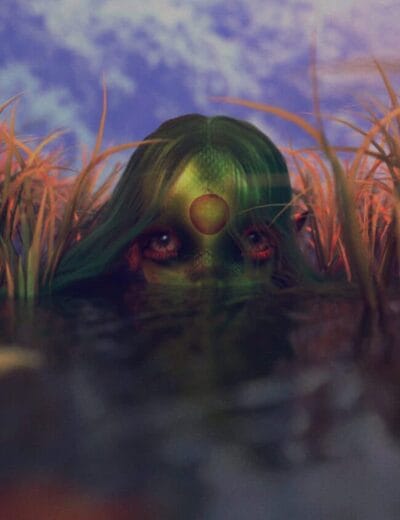 Mysterious creature emerging from water with tall grasses, surreal fantasy scene, dark atmospheric mood, 3D render of fantasy character, high-quality Daz3D assets.