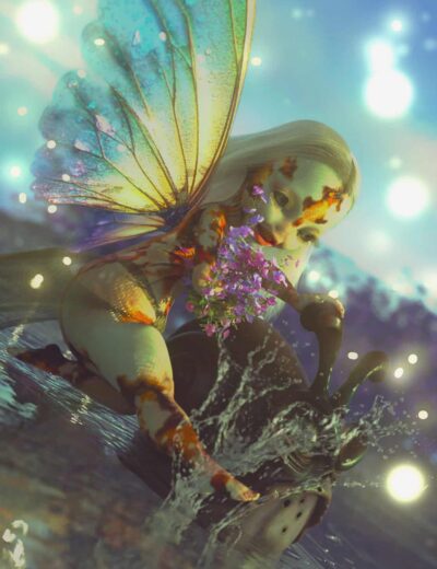 Vibrant fairy with butterfly wings holding purple flowers, sitting on a reflective wet surface with glowing bokeh lights in the background, showcasing high-quality 3D assets from Daz3D, perfect for fantasy and fantasy game projects.