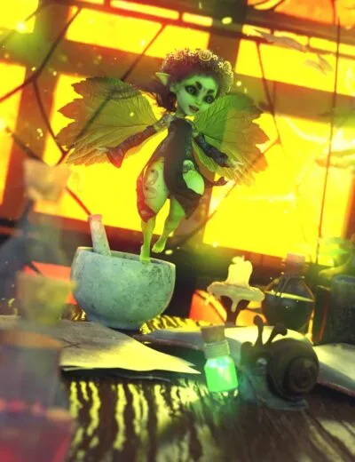 Vibrant fairy figurine with green leaves wings, sitting on a mortar, surrounded by gardening tools and plants, illuminated by warm yellow-orange light in a whimsical indoor setting.