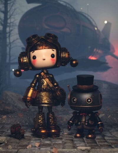 Cute steampunk-inspired robot girl with large headphones and a smaller companion robot, set in a moody, dystopian industrial landscape with a sci-fi spaceship in the background.