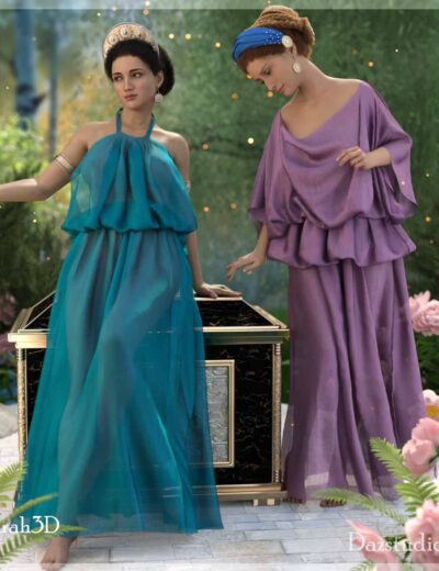 Elegant 3D digital art featuring two women in flowing medieval-style gowns in a lush garden scene, showcasing high-quality Daz3D assets with detailed textures and vibrant colors.