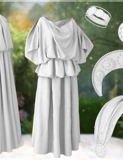 Elegant 3D wedding dress and bridal accessories set, including jewelry and decorative headpieces, designed for Daz3D assets, ideal for realistic wedding or fantasy scene creation.