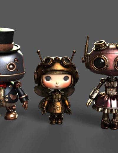 Vintage steampunk robot figures with detailed metallic textures, futuristic design, and unique character styles from 3D Shards. Perfect for digital art, gaming, and creative projects.