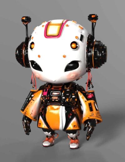 Futuristic robot character with sleek design and vibrant orange accents, perfect for 3D game or animation projects. High-quality Daz3D asset showcasing detailed mechanical features.