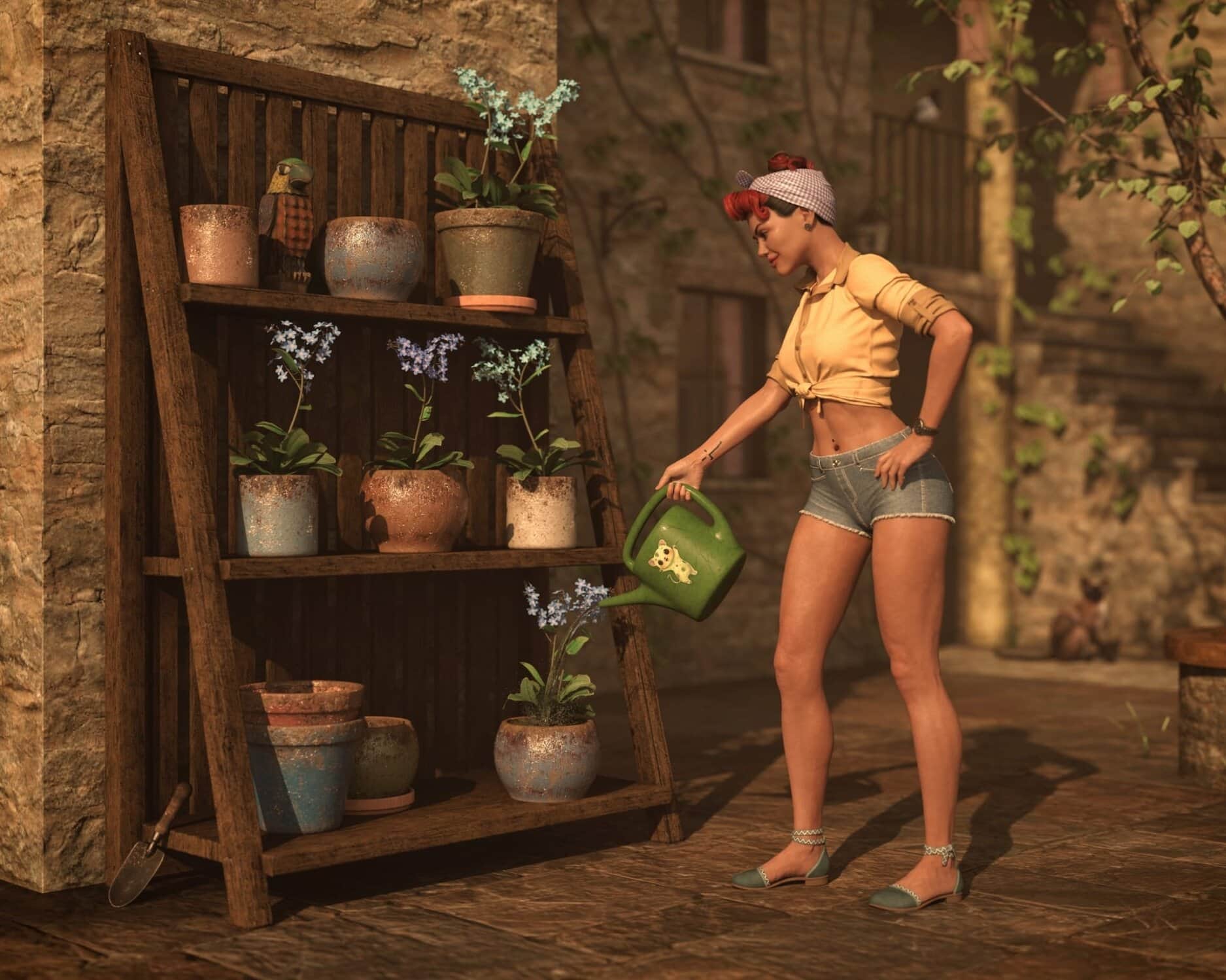 Woman watering potted blue flowers on rustic wooden shelf in Mediterranean courtyard setting.