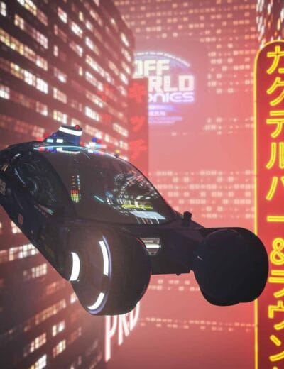 Cyberpunk futuristic police hovercar with neon city background and Japanese signage, high-quality 3D model, ideal for sci-fi scenes and digital art, perfect for Daz3D assets and 3D rendering projects.