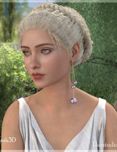 Elegant 3D female character with platinum braided hair, wearing pearl earrings, set against a lush green outdoor background, showcasing high-quality Daz3D assets for realistic digital art.