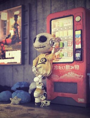 Vivid digital art featuring a stylized skeleton character with a skull head, colorful attire, standing beside a vintage vending machine on an urban street with posters and trash bins.