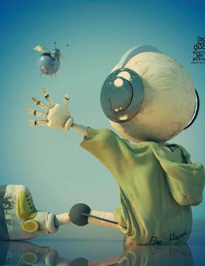 Futuristic 3D character with a spherical head, wearing headphones and casual clothing, reaching out to a whimsical drone, highlighting high-quality Daz3D assets, creative 3D design, and digital art.