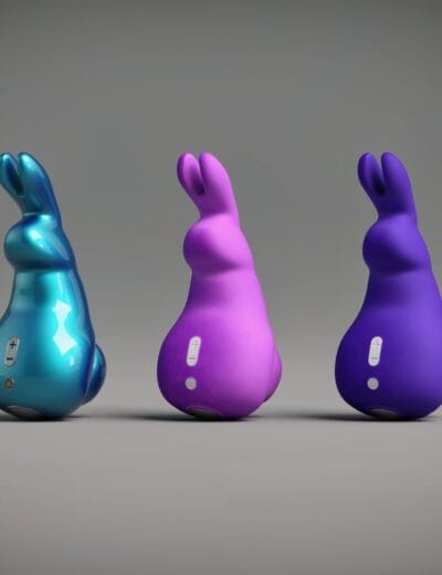 Blue metallic bunny 3D model, pink matte bunny 3D asset, purple glossy bunny 3D figure, high-quality Daz3D bunny assets, stylized 3D animal models for digital artwork and character design.