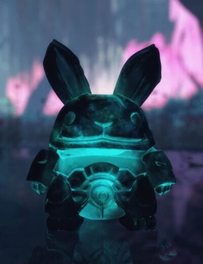 Futuristic glowing bunny sculpture with neon lights, digital art style, on dark reflective surface, vibrant colors, high-quality 3D model, perfect for Daz3D assets and virtual design projects.