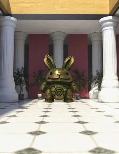 Intricate 3D bunny sculptures with a metallic finish displayed in a classical architectural setting with white columns and checkered floor, perfect for digital art and 3D asset projects.
