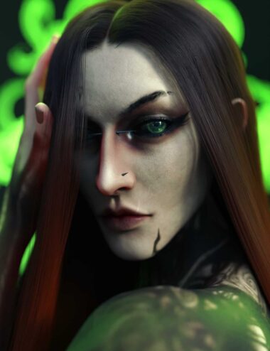Enchanted Eyes High-detail 3D rendered female character with striking green eyes and dark makeup, featuring realistic skin textures and styled long brown hair, set against a vibrant green background.