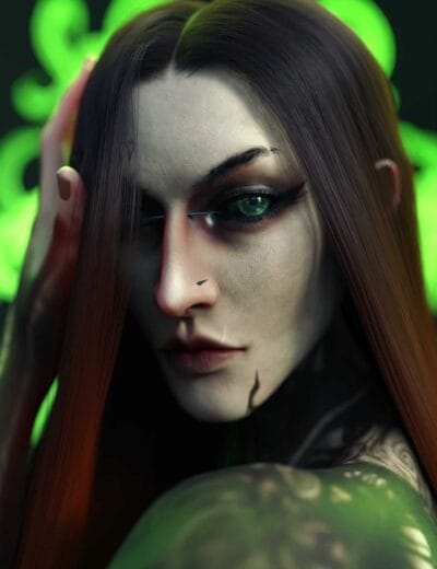 High-detail 3D rendered female character with striking green eyes and dark makeup, featuring realistic skin textures and styled long brown hair, set against a vibrant green background.