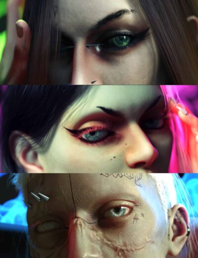 Intricate cyberpunk female character with detailed makeup, sharp eyeliner, and glowing eye effects, showcasing high-quality 3D digital art for gaming and VR environments.