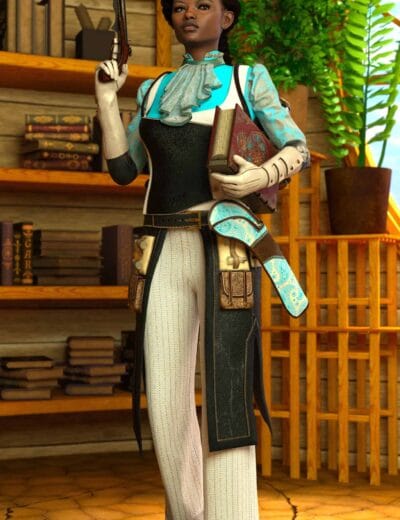 Elegant female 3D character posing with a gun, holding books, in a cozy library setting, showcasing detailed clothing and accessories for realistic digital art and asset creation.