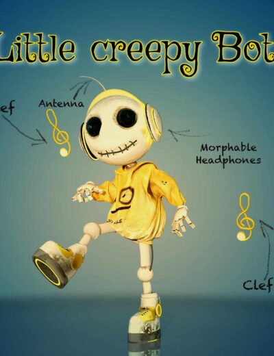 3D creepy robot doll with headphones, skeletal limbs, and a yellow hoodie, showcasing high-quality Daz3D assets and detailed textures for creative 3D modeling and rendering.