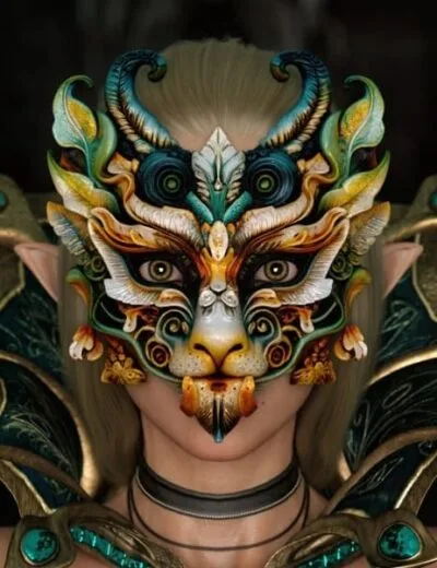 Intricate fantasy creature mask with vibrant colors and detailed textures, inspired by mythical and fantasy art styles, ideal for Daz3D assets and digital art projects.