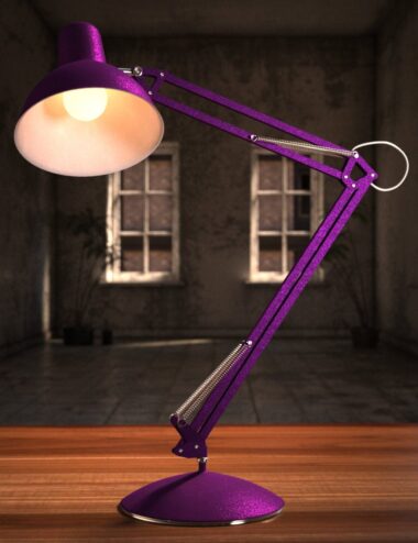 LampPromoIdea2 Stylish purple adjustable desk lamp with a white lampshade, modern design, perfect for study or office decor, realistic 3D render showcasing high-quality Daz3D assets for creative projects.