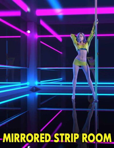 Vibrant neon-lit mirrored strip room with a female dancer holding a pole, featuring colorful LED lighting, reflective flooring, and an energetic nightclub atmosphere.