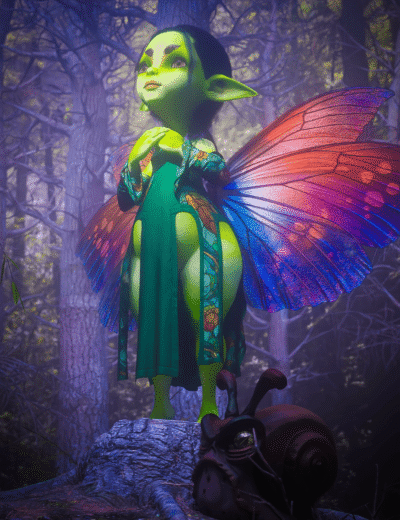 Fantasy fairy creature with vibrant iridescent wings and detailed costume, standing on a mossy log in a mystical forest setting. High-quality 3D asset perfect for fantasy and character design.