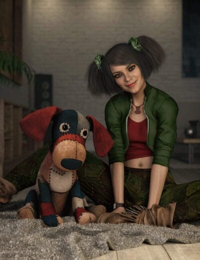 Colorful 3D doll and plush dog design, featuring detailed textures and realistic characters; perfect for 3D character modeling and assets by Daz3D.