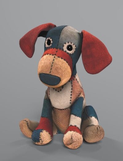 Colorful patchwork plush dog toy, realistic 3D model for Daz3D assets, soft fabric textures, vibrant stitched details, cute whimsical design for 3D character creation, high-quality digital asset.