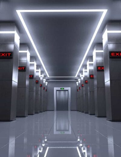 High-quality 3D render of a modern, futuristic elevator corridor with sleek metallic walls, illuminated neon lights, and clear exit signs, perfect for sci-fi and digital art projects.