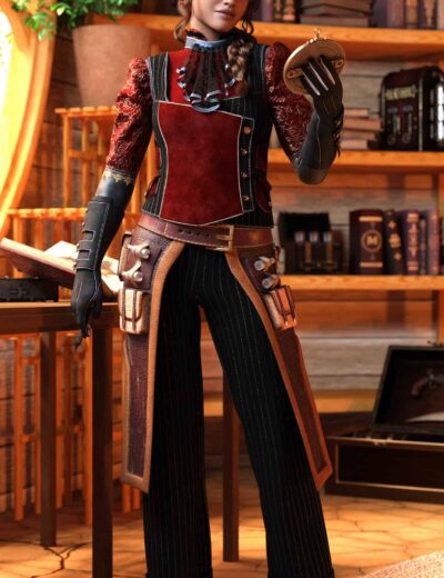 Intricate steampunk-inspired female character in detailed costume, holding a compact mirror in a cozy wooden study with books and vintage decor, showcasing high-quality 3D assets from Daz3D.