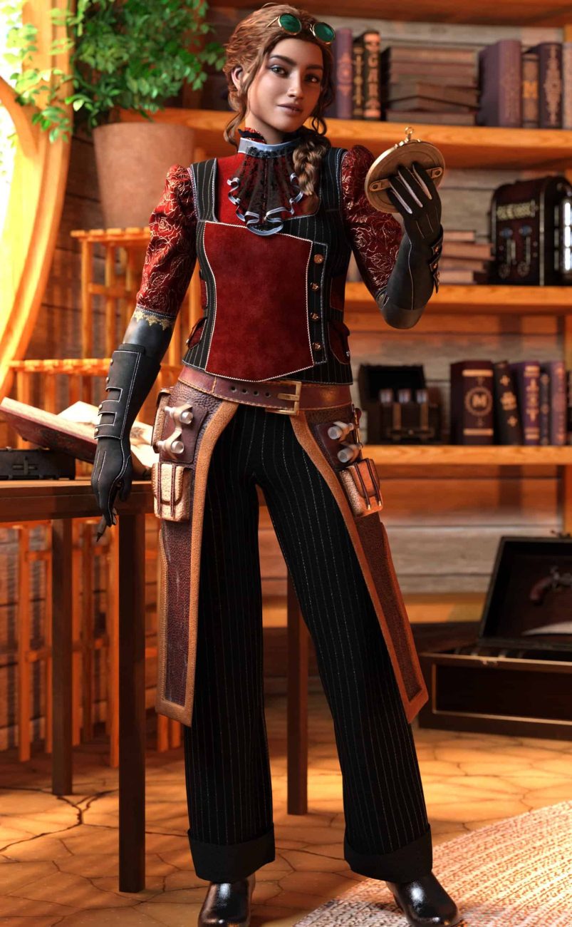 Intricate steampunk-inspired female character in detailed costume, holding a compact mirror in a cozy wooden study with books and vintage decor, showcasing high-quality 3D assets from Daz3D.