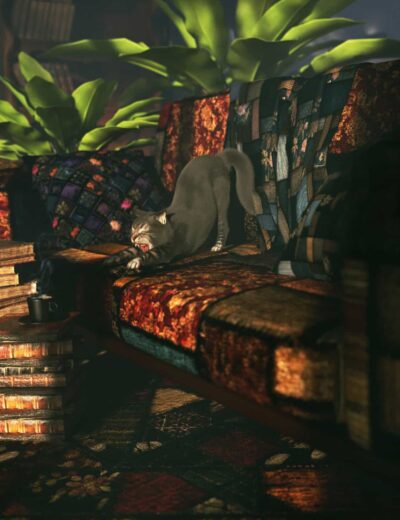 Intricate 3D render of a cozy vintage-style living room featuring a tufted ornate sofa with vibrant patchwork upholstery, realistic plants, and a playful black cat stretching on the patterned cushions for a detailed 3D asset showcase.