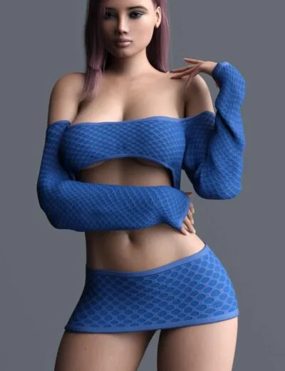 Blue textured body suit and off-shoulder top for 3D character model, realistic female digital art, detailed clothing assets for Daz3D, high-quality 3D assets from 3D SHARDS, modern fashion 3D models for rendering.