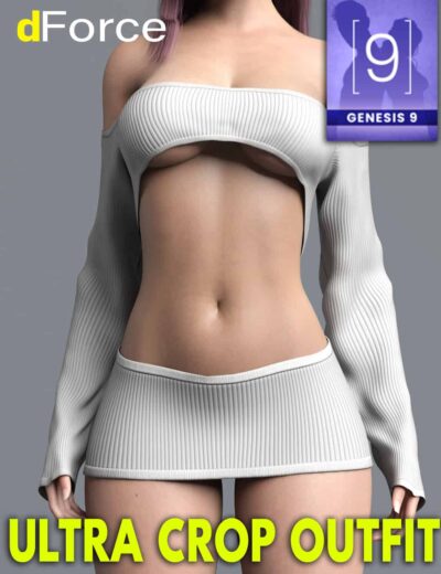 - Seamless ribbed crop top and mini skirt outfit for Daz3D Genesis 9 model, featuring ultra crop style and modern fashion details.