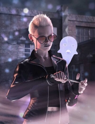 3D futuristic woman with short platinum hair, heart-shaped sunglasses, holding a sparkle wand with a digital ghost hologram, urban night scene, cyberpunk aesthetic, high-quality Daz3D asset render.
