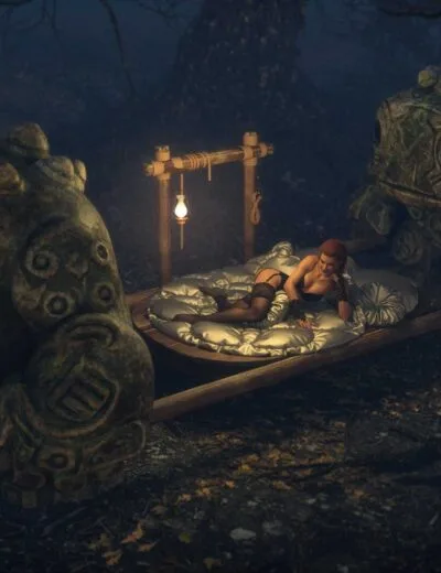 A female character lying on a satin bed on a wooden raft surrounded by ancient stone sculptures in a dark forest setting. High-quality Daz3D assets, fantasy, detailed environment, mystical scene.