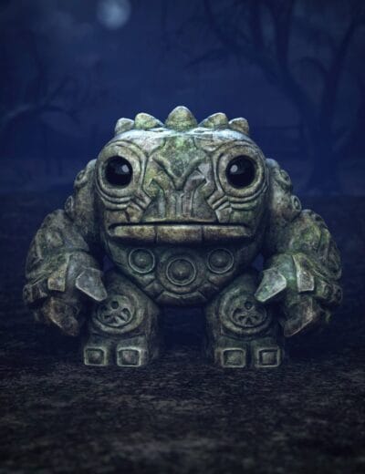 Stone Tiki Creature 3D model, detailed ancient cultural artifact, moss-covered tribal sculpture, digital asset for Daz3D projects, perfect for fantasy, gaming, and virtual environments.