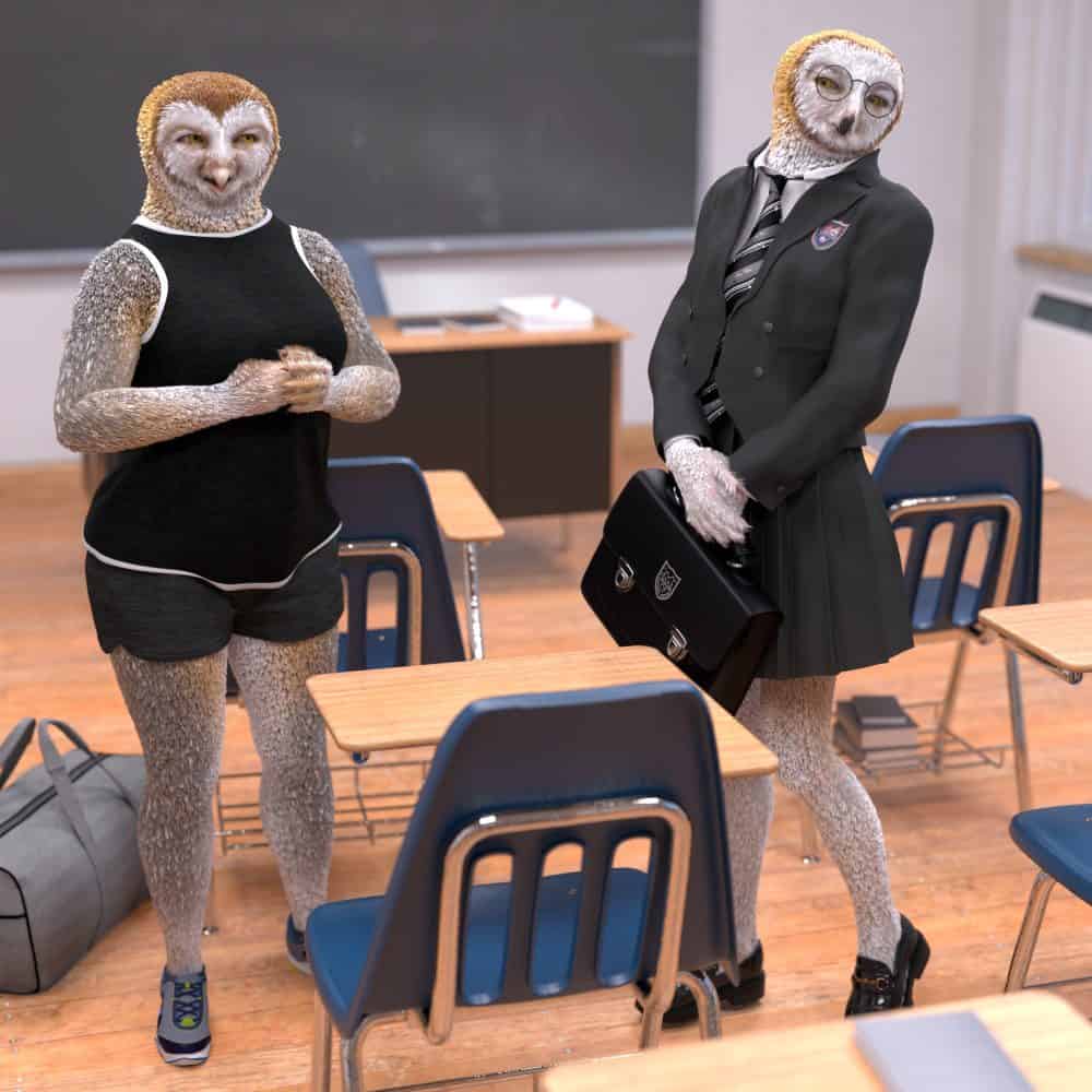 2026 January - Urban Fantasy Realistic anthropomorphic owl characters in a classroom setting, dressed in modern school attire, one with glasses and a briefcase, another with athletic wear, showcasing detailed textures and 3D character modeling, suitable for Daz3D assets.