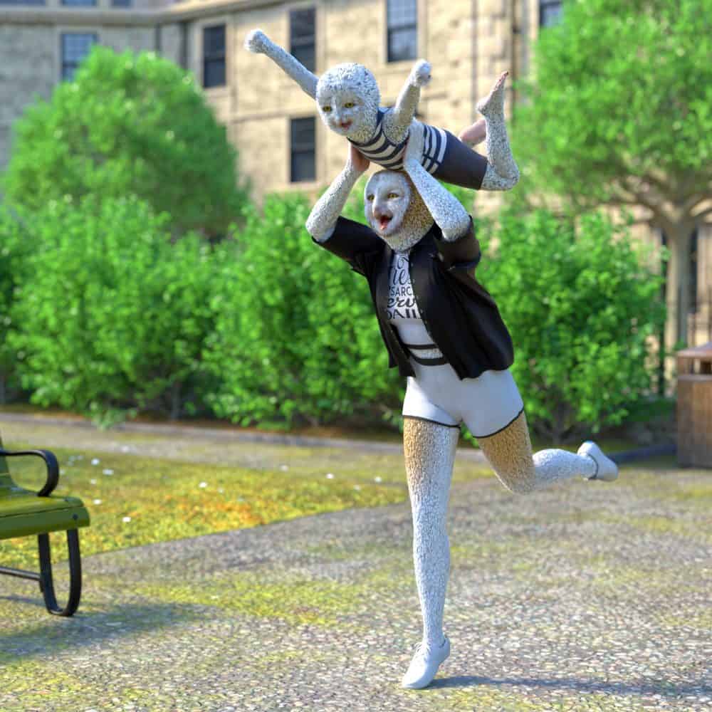 Daz3D animal characters performing outdoor activities, realistic 3D models for animation and rendering, high-quality assets for creative projects in rural or urban environments.