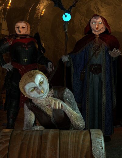 Owl characters in fantasy armor and robes in a medieval setting with torches and a cave wall background, suitable for 3D fantasy scene assets and Daz3D character models, high detail, mystical atmosphere.