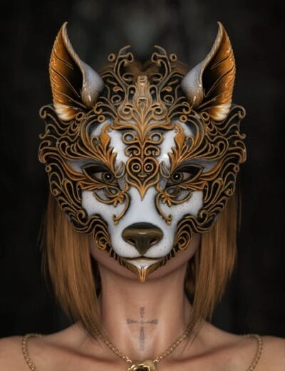 Intricate animal-themed mask with gold and black details worn by a woman with a cross tattoo on her neck, showcasing artistic 3D design and high-quality Daz3D assets.