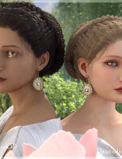 Elegant 3D female models with detailed hairstyles and jewelry, set against a lush green outdoor background for realistic 3D asset visualization.