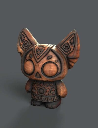 A detailed 3D render of a wooden tribal-style Kitty character with intricate carvings and decorative patterns, perfect for Daz3D assets and 3D modeling projects.