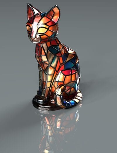 Vibrant stained glass cat sculpture with multicolor geometric panels, illuminated and detailed, suitable for 3D rendering and digital art projects.