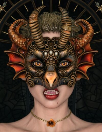 Intricate demon-themed mask with horns and detailed textures, worn by a woman with vampire fangs, red lips, and a gold necklace with a rose pendant, perfect for dark fantasy and horror 3D art.