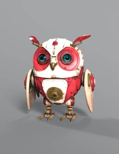 Colorful robotic owl with large blue eyes, red and white metal body, intricate mechanical details, and detailed craftsmanship, suitable for Daz3D assets and 3D modeling projects.