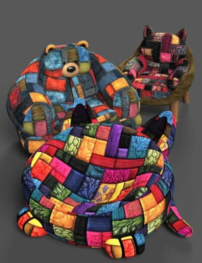 Colorful patchwork stuffed animal and chair set, high-quality 3D Daz3D assets showcasing detailed fabric textures and vibrant patterns for realistic digital renders.