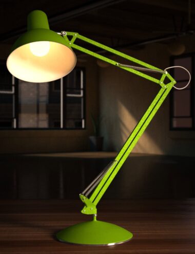 Stylish green adjustable desk lamp illuminated in a cozy room with modern decor, perfect for office or study environment. High-quality 3D model rendering, showcasing detailed metallic and plastic textures.