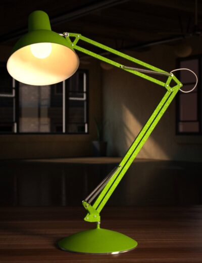 Stylish green adjustable desk lamp illuminated in a cozy room with modern decor, perfect for office or study environment. High-quality 3D model rendering, showcasing detailed metallic and plastic textures.