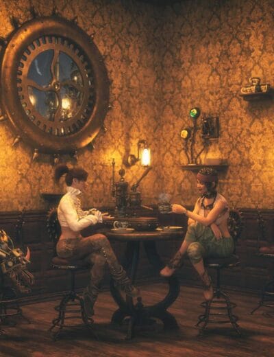 Detailed Victorian steampunk-inspired interior with two female characters at a round wooden table, showcasing intricate technology, warm lighting, and textured wallpaper.